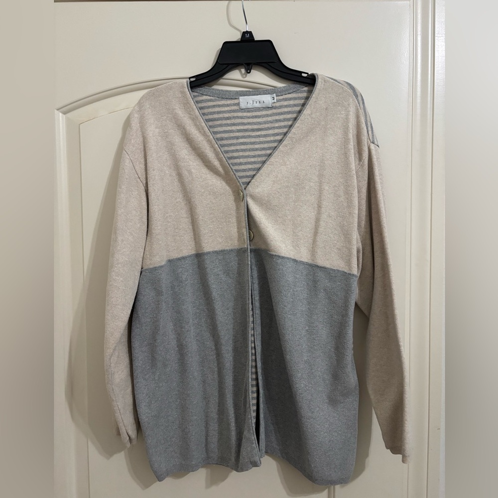 J. Jill Beige and Gray V-Neck Cardigan
